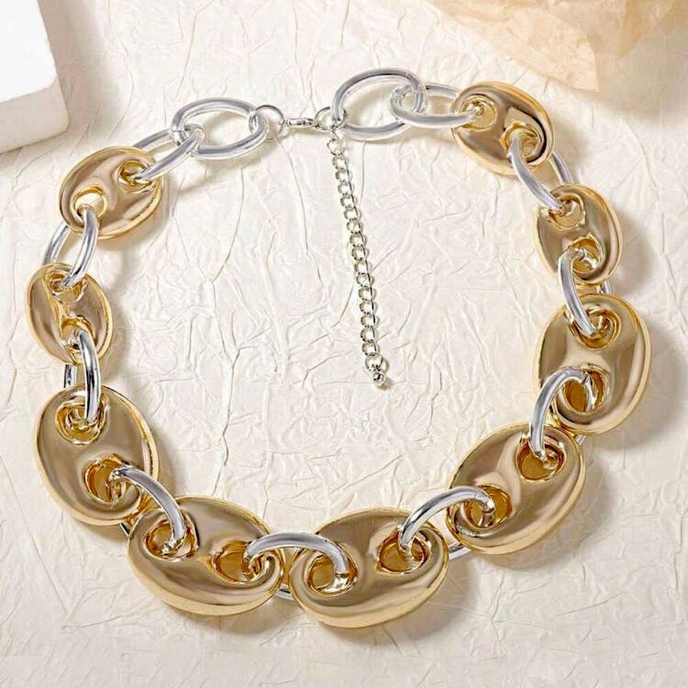 New Gorgeous Camila Coelho Big Puffed Gold Silver Mariner Links Necklace 18”+3” - Picture 9 of 16